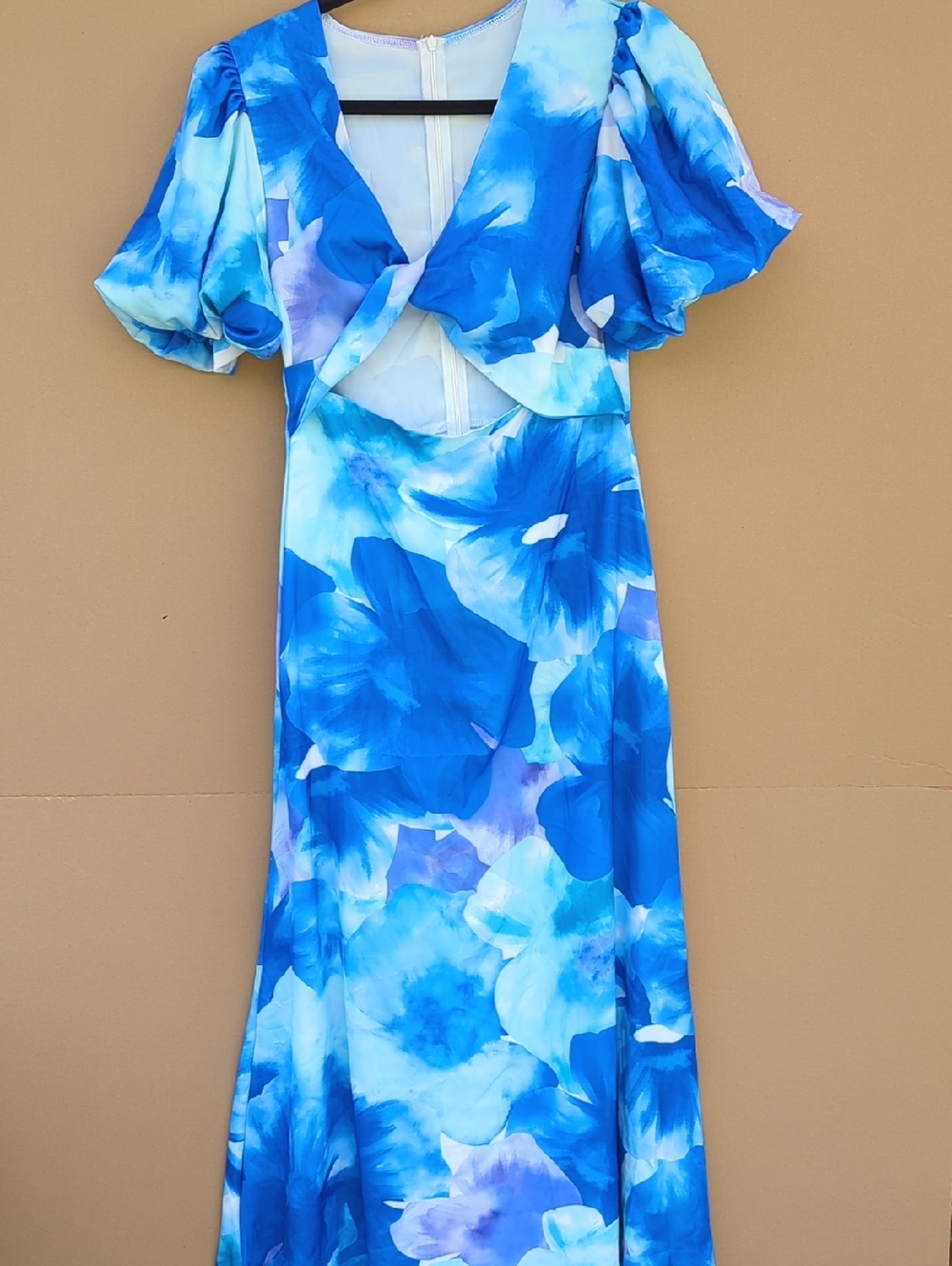 Floral Whimsical Maxi Dress Blue Cutout Puffy Sleeves Artsy Summer Vacation